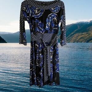 Alfani 8 3/4 sleeve blue black polyester blend stretch wide attached belt dress